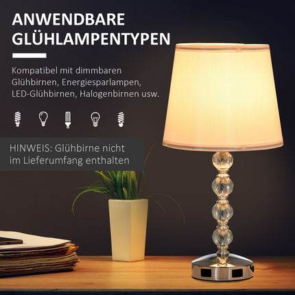 Křišťálová stolní lampa s USB, dotykovým senzorem, E27, bílá/stříbrná