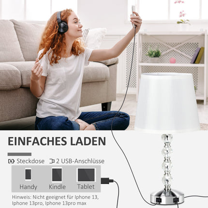 Křišťálová stolní lampa s USB, dotykovým senzorem, E27, bílá/stříbrná