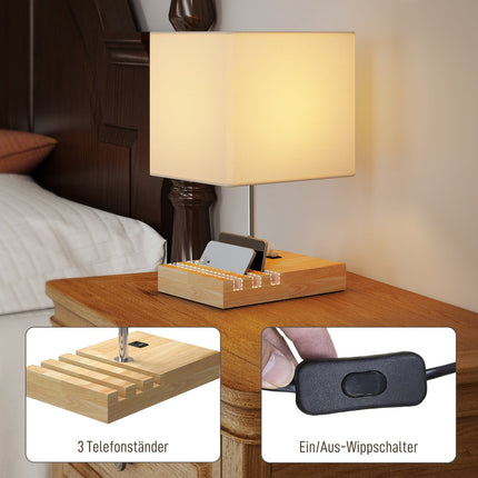 Noční lampička s USB porty, dřevo a textil, bílá