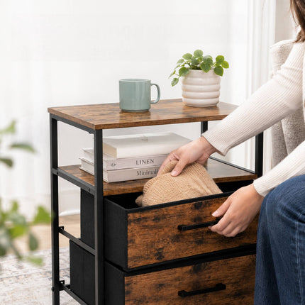 Bedside Table with 2 Fabric Drawers and Shelves, MDF/Metal