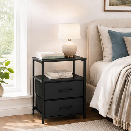 Bedside Table with 2 Fabric Drawers and Shelves, MDF & Metal