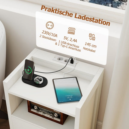 Noční stolek s LED osvětlením, nabíjecí stanicí a 2 zásuvkami