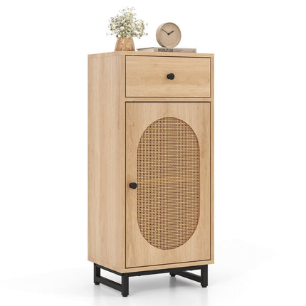 Bedside table rattan with door & drawer Boho side table with adjustable shelf 40 x 30 x 91cm natural