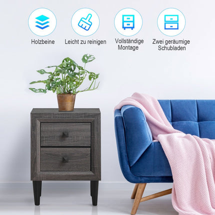 Noční stolky, dřevěný odkládací stolek se 2 zásuvkami, moderní konferenční stolek, šedá