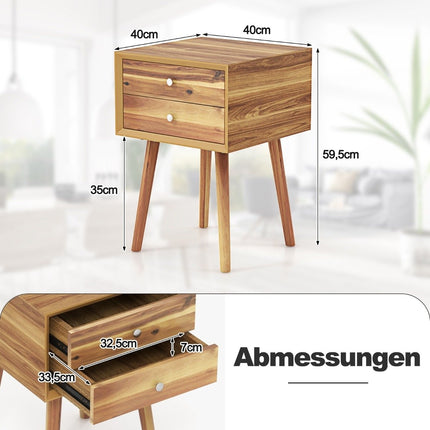 Bedside table with 2 drawers Compact wooden coffee table 40 x 40 x 59.5 cm natural