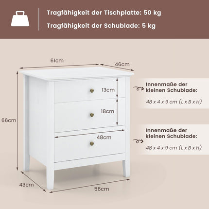 Noční stolek se 3 zásuvkami k boxspring posteli 56 x 45 x 66 cm, bílá