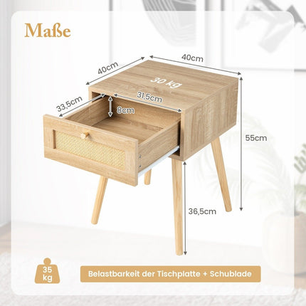Bedside table with drawer side table with rattan design 40 x 40 x 55 cm oak