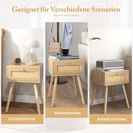Bedside table with drawer side table with rattan design 40 x 40 x 55 cm oak