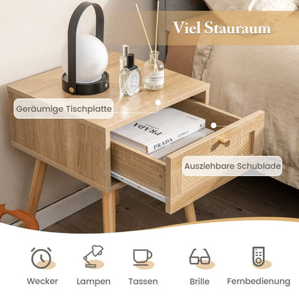 Bedside table with drawer side table with rattan design 40 x 40 x 55 cm oak