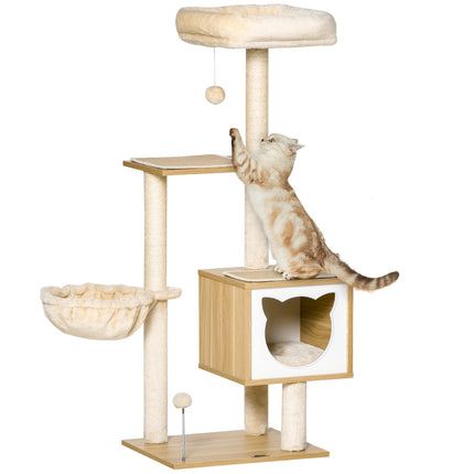 Beige cat tree with cave and sisal poles, 126 Cm