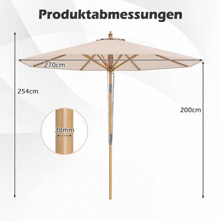 Béžový zahradní slunečník, 270 cm, bambusová konstrukce, nastavitelný sklon