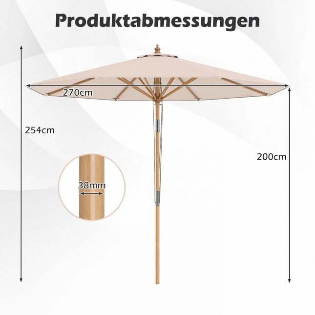 Béžový zahradní slunečník, 270 cm, bambusová konstrukce, nastavitelný sklon