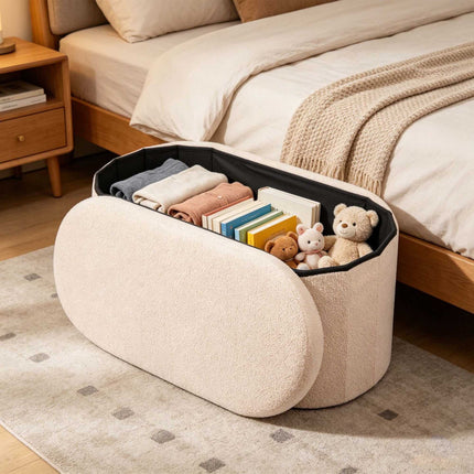 Beige Teddy Fabric Storage Bench – 38 x 76 cm