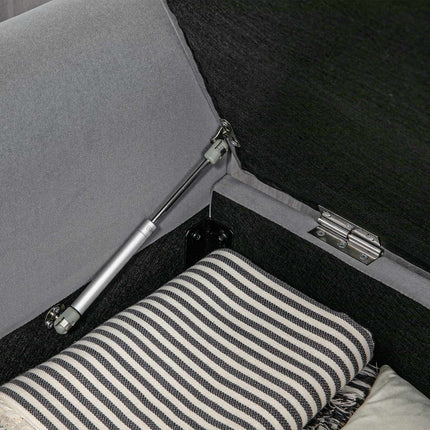 Gray upholstered bench with storage, velvet look, 120 kg capacity