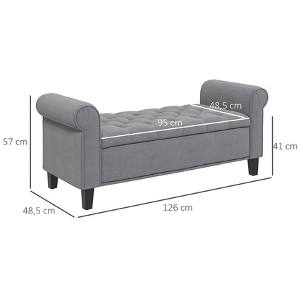 Gray upholstered bench with storage, velvet look, 120 kg capacity
