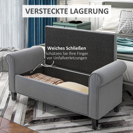 Gray upholstered bench with storage, velvet look, 120 kg capacity