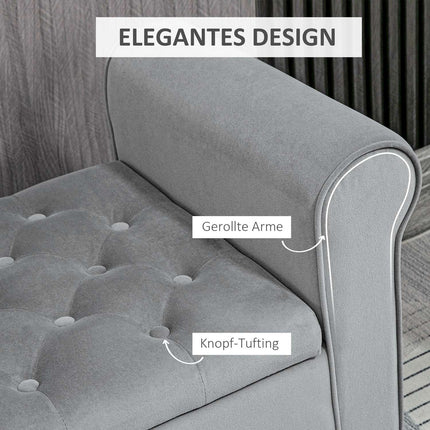 Gray upholstered bench with storage, velvet look, 120 kg capacity