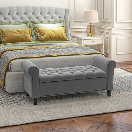 Gray upholstered bench with storage, velvet look, 120 kg capacity