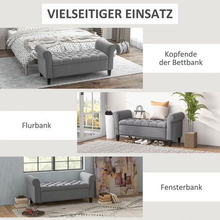 Gray upholstered bench with storage, velvet look, 120 kg capacity