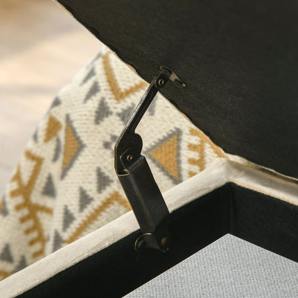 Beige upholstered storage bench with steel legs, 110cm