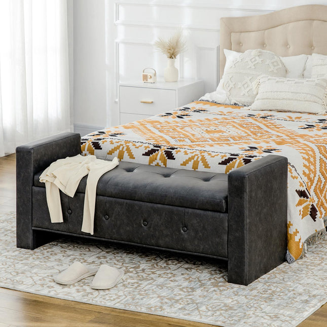 Bank Met Opbergruimte Gestoffeerde Bank Met Soft-Close Scharnieren En Armleuning, Pu-Hoes, Voor Slaapkamer/Woonkamer, 139X49X68Cm