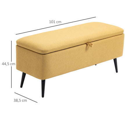 Lavice s úložným prostorem, čalouněná, lněný vzhled, nosnost do 150 kg, 101 x 38.5 x 44.5 cm, žlutá