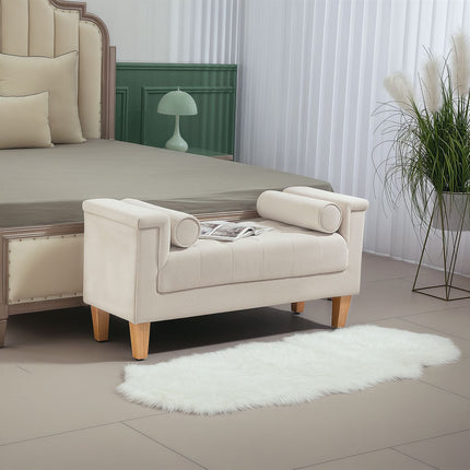 Chenille upholstered bench with armrests and cushions, beige