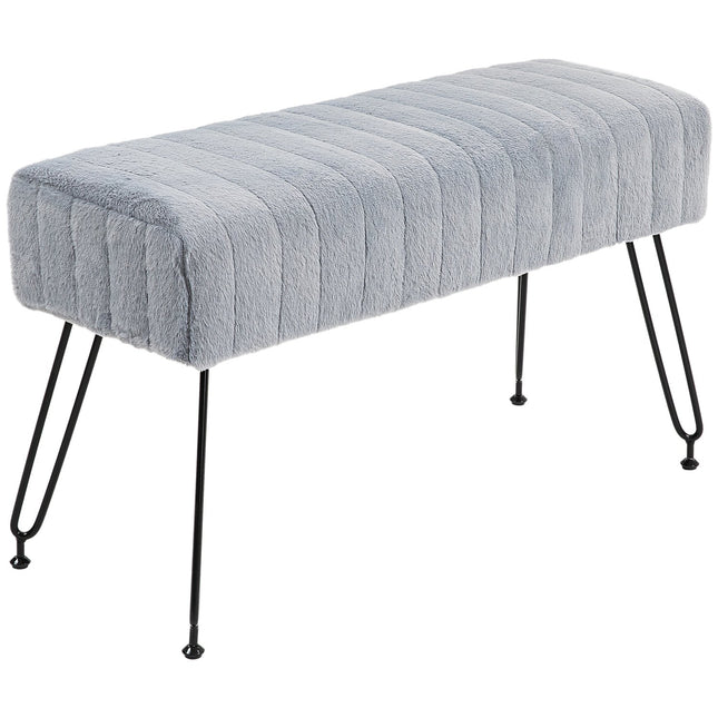 Gray faux fur upholstered bench with metal legs - 82 x 30 x 47 cm
