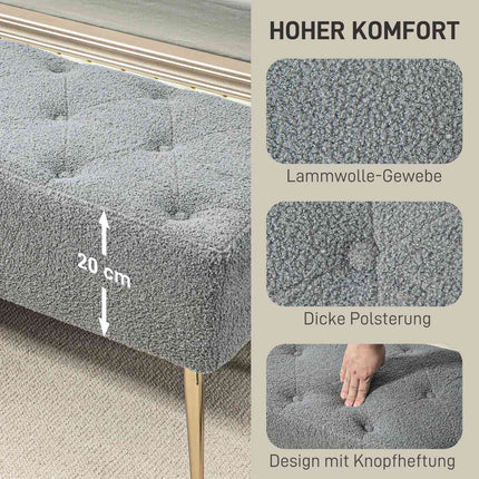 Čalouněná šedá lavice s prošívanými knoflíky, 112x41x46 cm