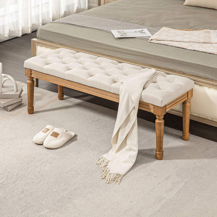 Upholstered bench with wooden legs, 120x41x48 cm, cream