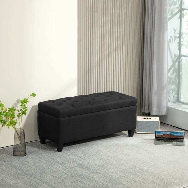 Černá čalouněná lavice s úložným prostorem - 100x40x44 cm, polyester s efektem lnu