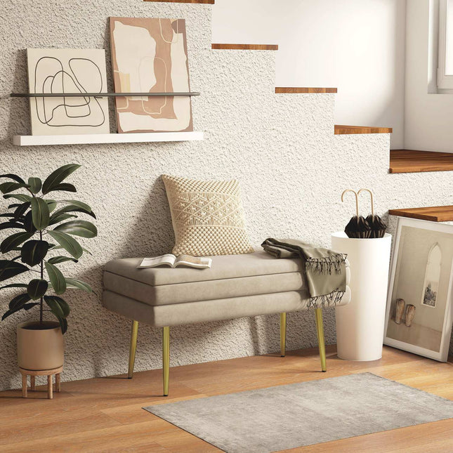 Bank, gestoffeerde bank met opbergruimte, fluweellook, bedbank met stalen poten, schoenenbank, opbergbank voor woonkamer, slaapkamer, beige, 79,5 x 37,5 x 43 cm |