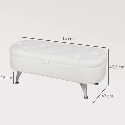 Storage bench with lid, white velvet, metal frame, 114cm