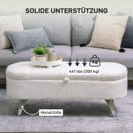 Storage bench with lid, white velvet, metal frame, 114cm