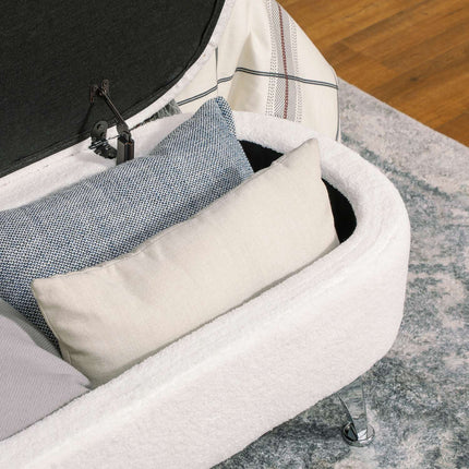 Storage bench with lid, white velvet, metal frame, 114cm