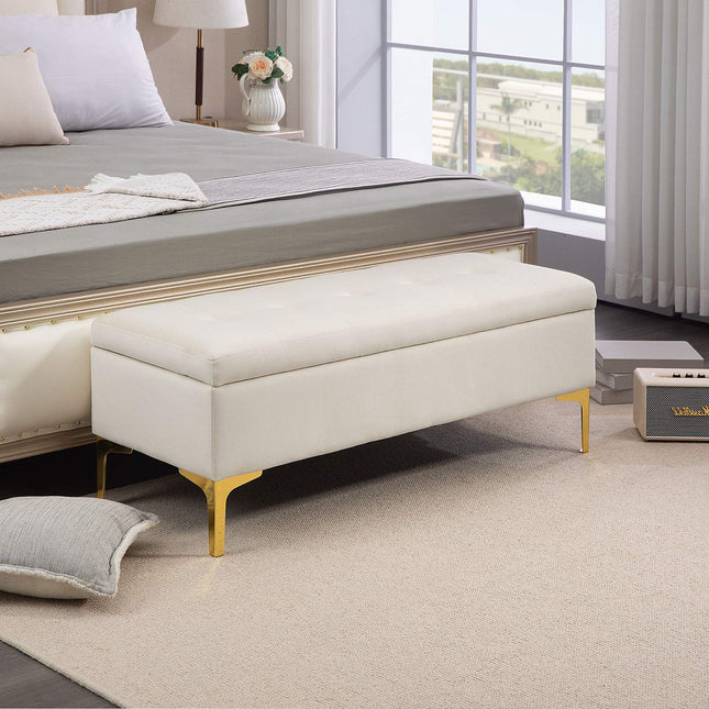 Čalouněná sametová lavice s kovovými nohami, 120cm – béžová