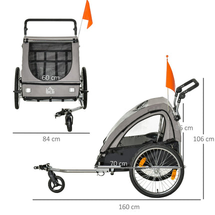 Children's Bike Stroller & Jogger, Grey/Black, Safe & Rotatable