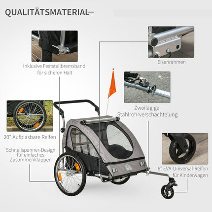 Children's Bike Stroller & Jogger, Grey/Black, Safe & Rotatable