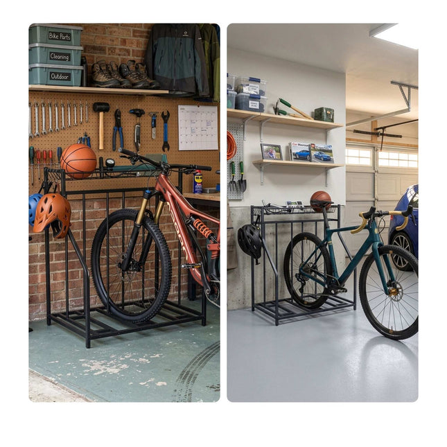 Bike Rack Stand – Adjustable Slots, Basket and 6 Hooks