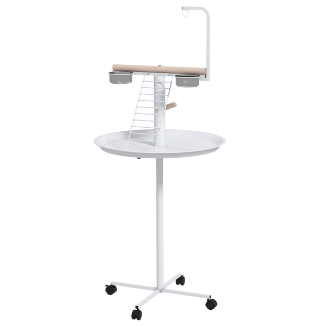 Bird feeding station with wheels and perches, steel, white