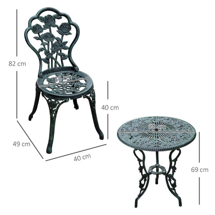 Třídílný bistro set z litého hliníku – zahradní nábytek v antické zelené