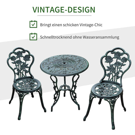 Třídílný bistro set z litého hliníku – zahradní nábytek v antické zelené