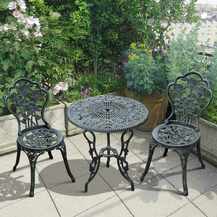 Třídílný bistro set z litého hliníku – zahradní nábytek v antické zelené