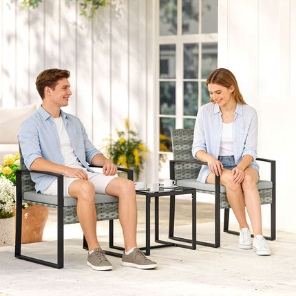 Bistro set s polštáři, PE ratan, skleněná deska