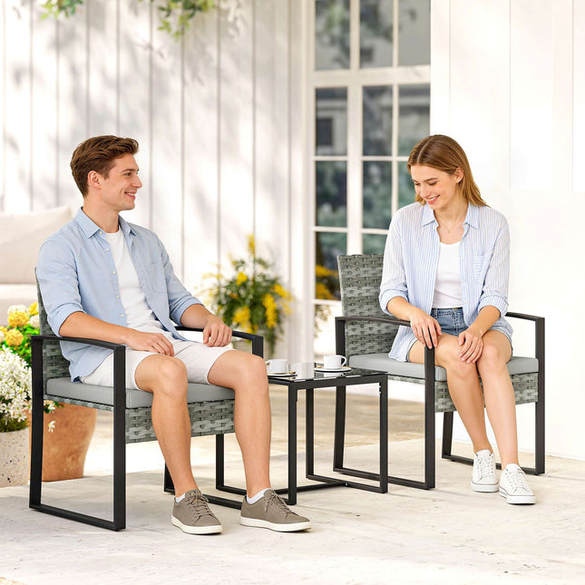 Bistro set s polštáři, PE ratan, skleněná deska