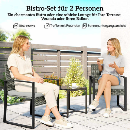 Bistro set s polštáři, PE ratan, skleněná deska