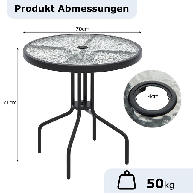 Bistro stůl s otvorem pro slunečník, skleněná deska 70cm