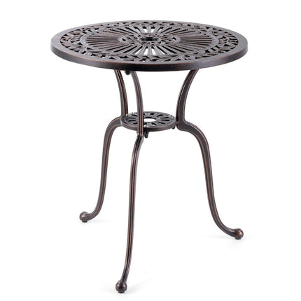 Bistro stůl z litého hliníku, balkonový stůl odolný povětrnosti s otvorem pro slunečník 61 x 61 x 71 cm měděně červená