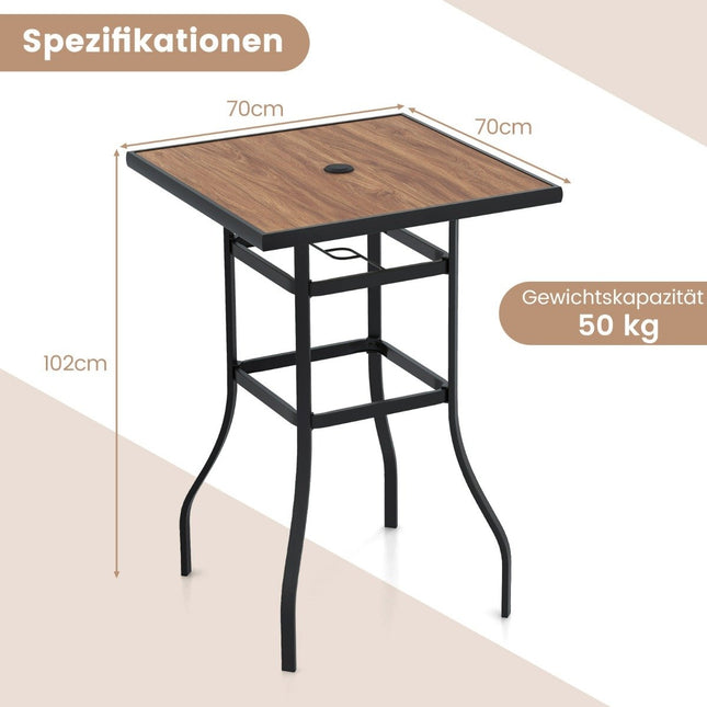 Bistro stůl s otvorem pro slunečník a deskou v dekoru dřeva. Zahradní stůl. Čtvercový balkonový stůl