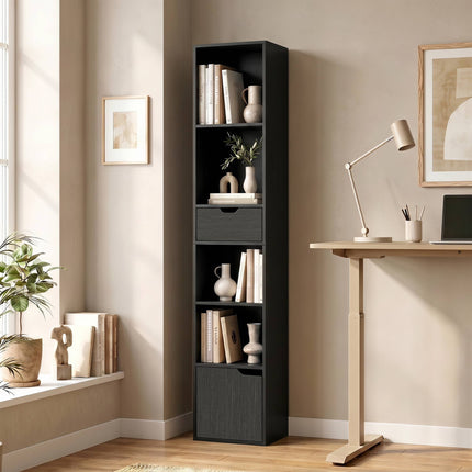 Black 6-Tier Bookshelf with Drawer and Adjustable Shelf